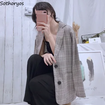 

Blazers Women Elegant Plaid Pockets Korean Style All-match Womens Retro High Quality Female Trendy Casual Clothing Thin Chic New