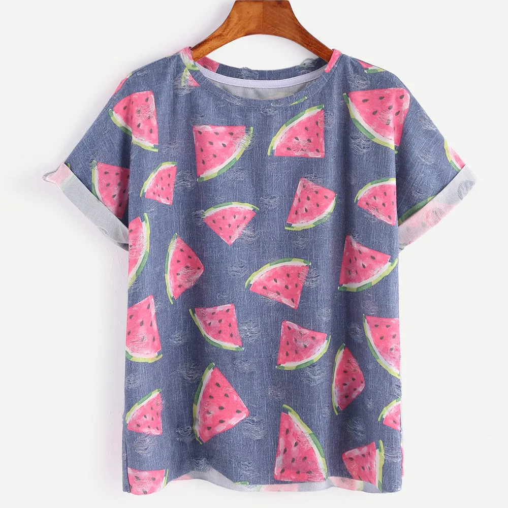 

Cropped Feminino Blue Watermelon Printed T-shirt Women's Loose Casual Summer Tops Ladies Short Sleeve Harajuku Women Shirt #LH