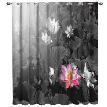 

Black and White Lotus Flower Window Treatments Curtains Valance Window Blinds Decor Outdoor Indoor Drapes Window Treatment