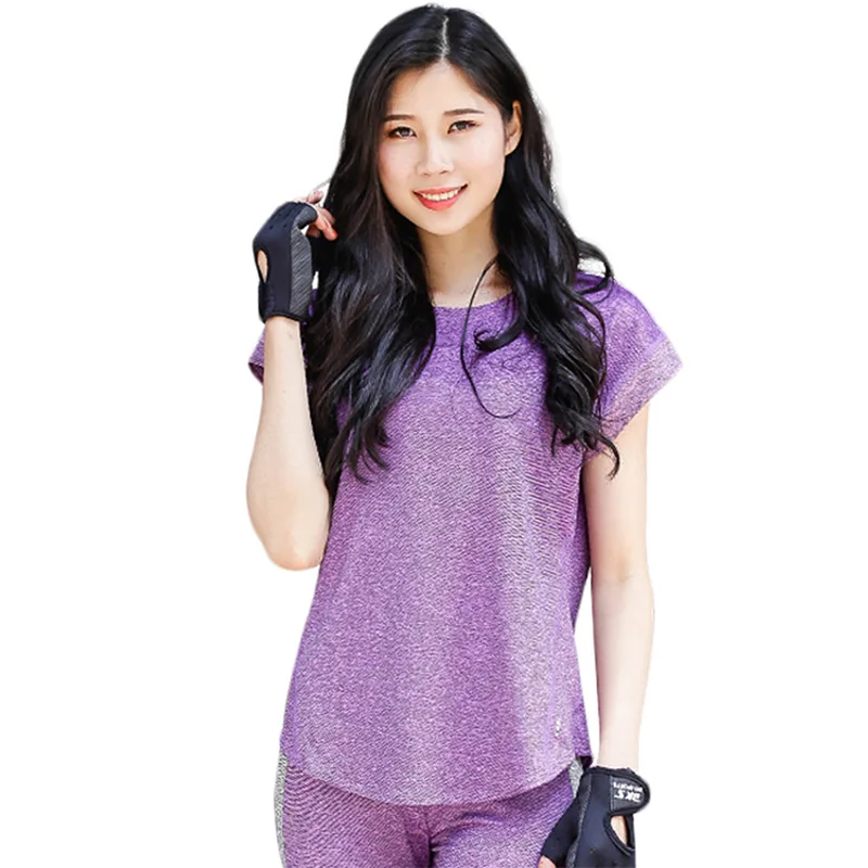 Yoga Tops Women Quick Dry Seamless Crop Top Short Sleeve Sports Wear for Gym Breathable Running Workout Shirts for Woman - Цвет: purple