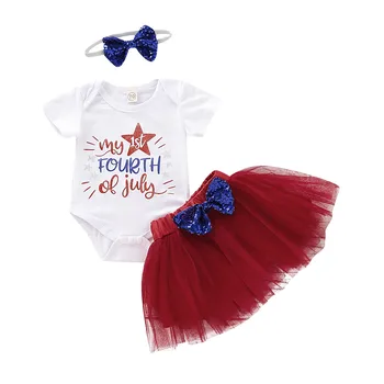 

0-18M Fourth of July Newborn Kids Baby Girls Romper Jumpsuit Shirts Lace Tulle Tutu Skirt Dress Outfits with Headband Set