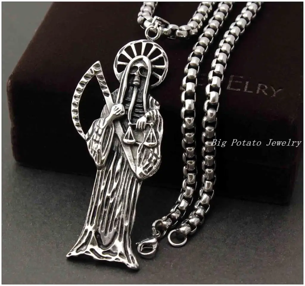 Silver Color Holy Saint Death Santa Muerte Skull Mens Pendant Necklace Stainless Steel Jewelry 24" Rolo Chain Hip Hop 2
