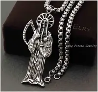 Silver Color Holy Saint Death Santa Muerte Skull Mens Pendant Necklace Stainless Steel Jewelry 24" Rolo Chain Hip Hop 2