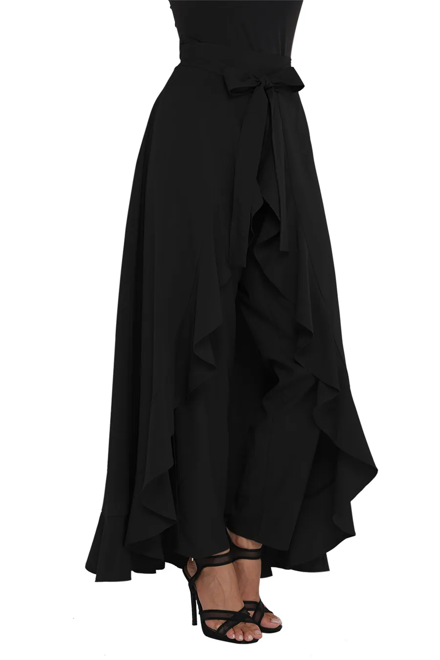 Black-Chiffon-Tie-Waist-Ruffle-Palazzo-Pants-LC77034-2-3