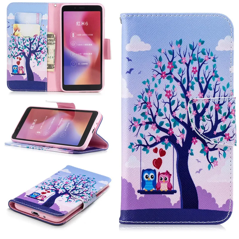 Кожаный чехол книжка с пандой совой бабочкой для Xiaomi Redmi 6A кошелек подставкой 6 Pro