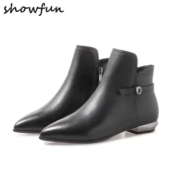 

Plus Size 34-42 Women's Genuine Leather Patchwork Flats Ankle Boots Brand Designer Metal Buckle Short Booties Pointed Toe Shoes