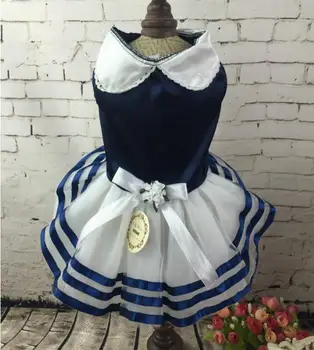 

Pet dress dog summer clothing dog shirt pet dog navy dress with flower bow pet skirt dog summer dress XS-XL pet supplier