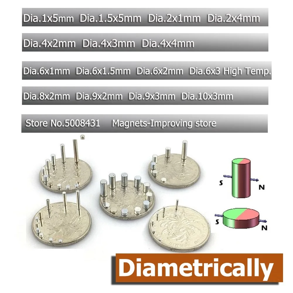 Диаметрально намагниченные Дисковые Магниты Диаметр 1 мм 0,0" 1,5 мм 2 мм 0,079'' 4 мм 6 мм 0,236 ''10 мм прецизионные сенсорные стержни цилиндра