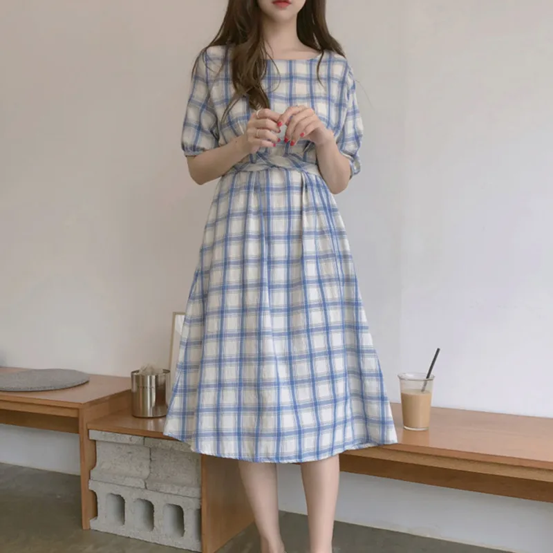 

Print Plaid Short Sleeve Preppy Style Dress Soft Cotton Slim Waist INS Korea Design Prairie Chic Summer Dress Women Casual Dress