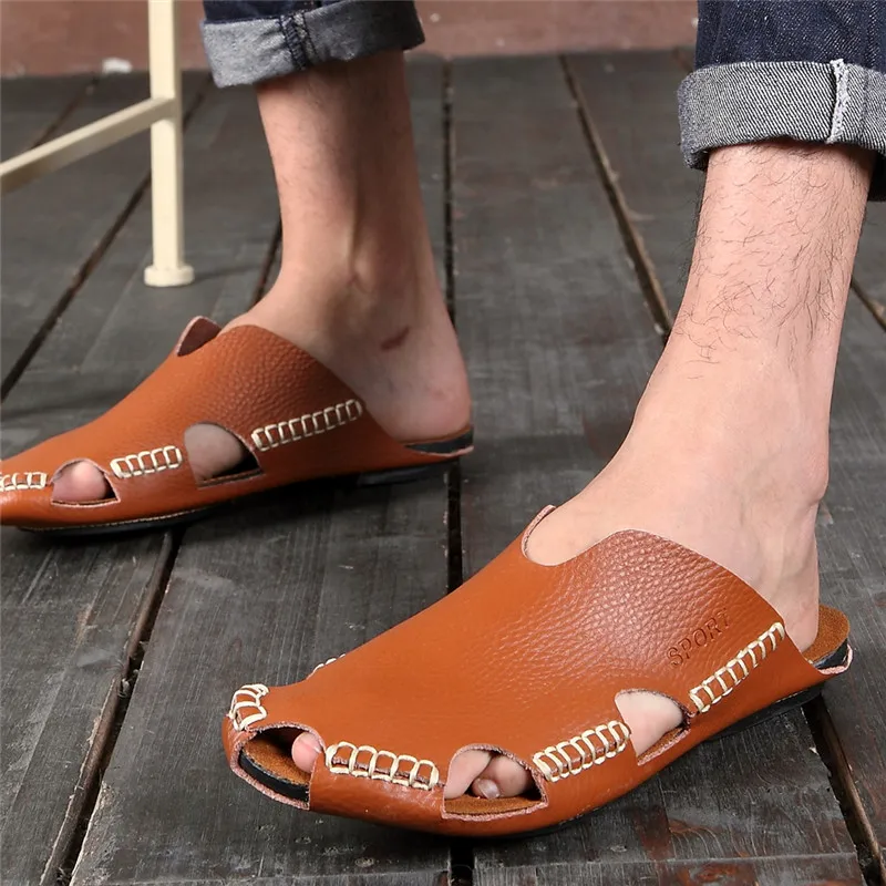 CIMIM Summer Cool Leather Breathable Men Flip Flops Solid Fashion Slipper Non slide Casual Mens