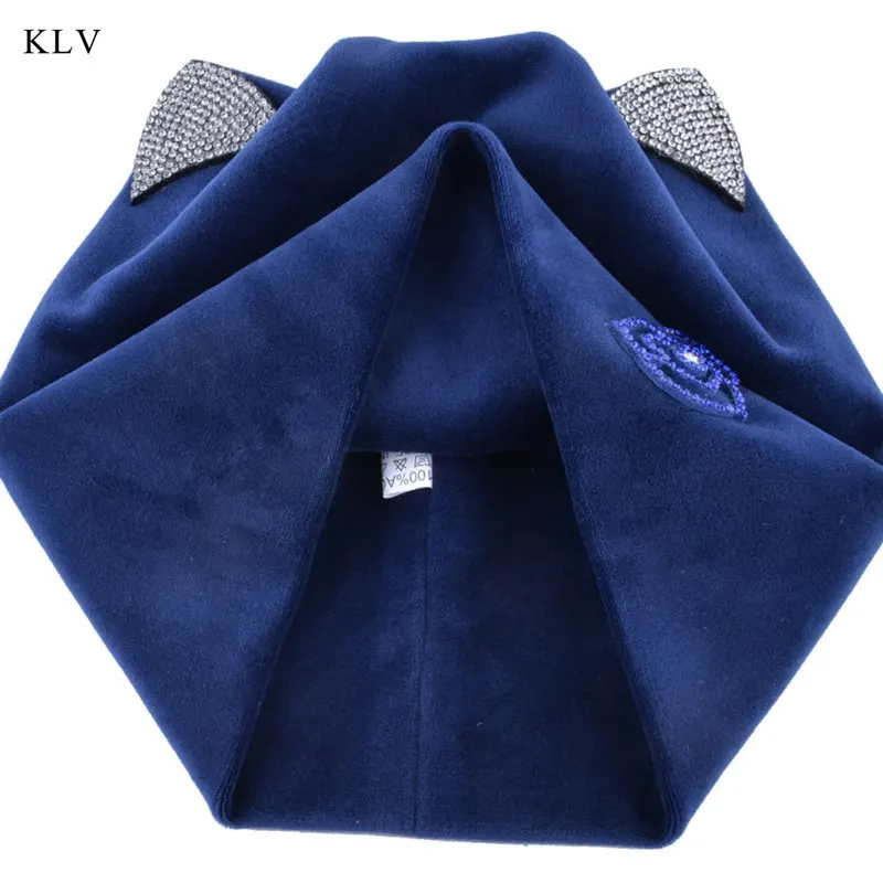 KLV New Womens Autumn Winter Flower Sweet Cat Ear Head Hat Velvet Warm Skullies Cap With Shiny Rhinestone Cute Sheathing Bonnet