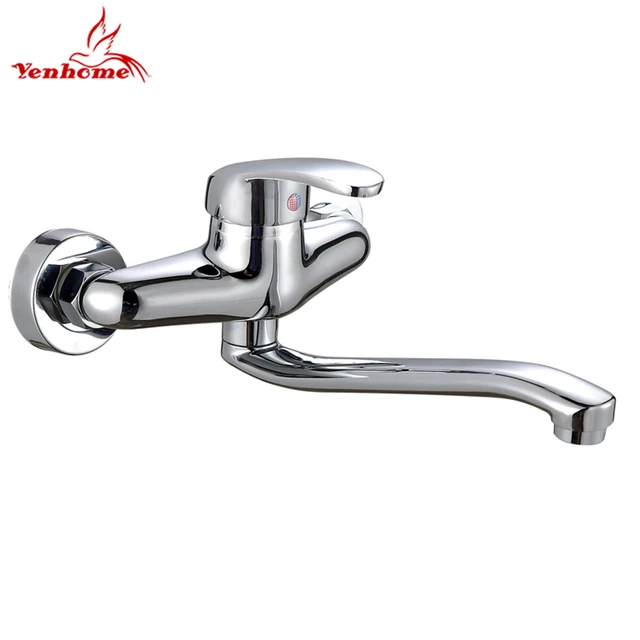 Cheap Yenhome Wall Mounted Double Holes Hot and Cold Tap Bathroom Faucet Long Arm 360 Rotate Solid Brass Kitchen Faucet Sink Mixer Tap