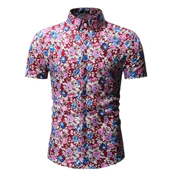 

New Men Fashion Flower printed Short sleeve shirts Summer Slim Fit floral Hawaiian vacation Party casual Dress Shirt