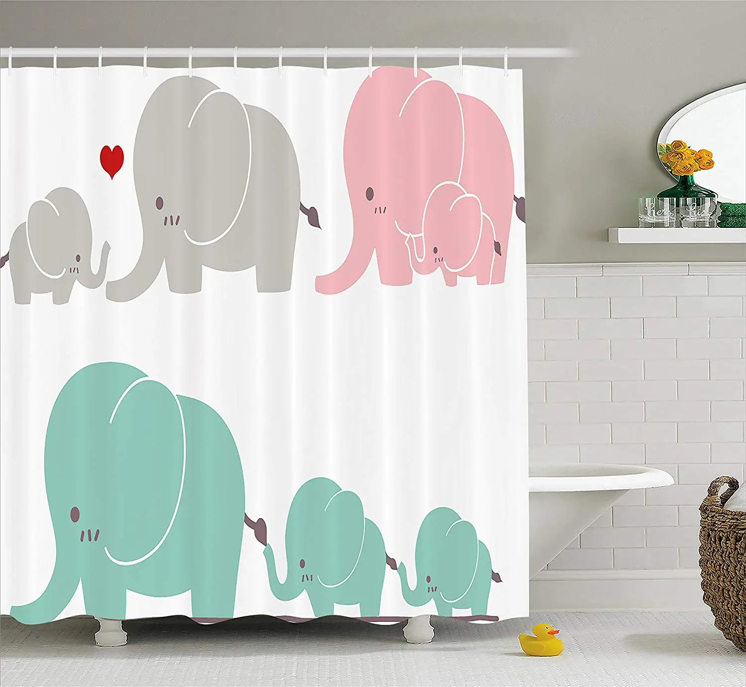 Nursery Shower Curtain Family Love Theme Cute Sweet Elephants Mother's