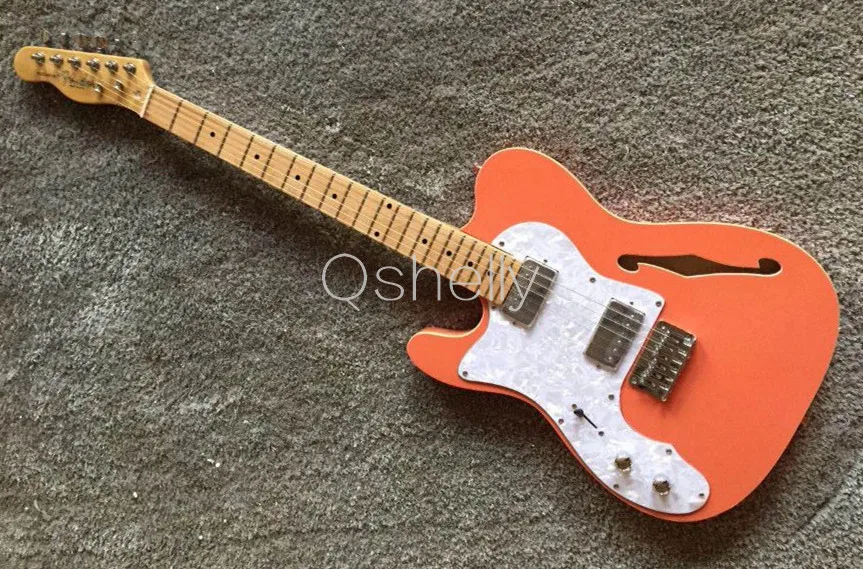 

top quality QShelly custom pink left handed F hole pearloid pickguard maple neck TL electric guitar musical instruments shop