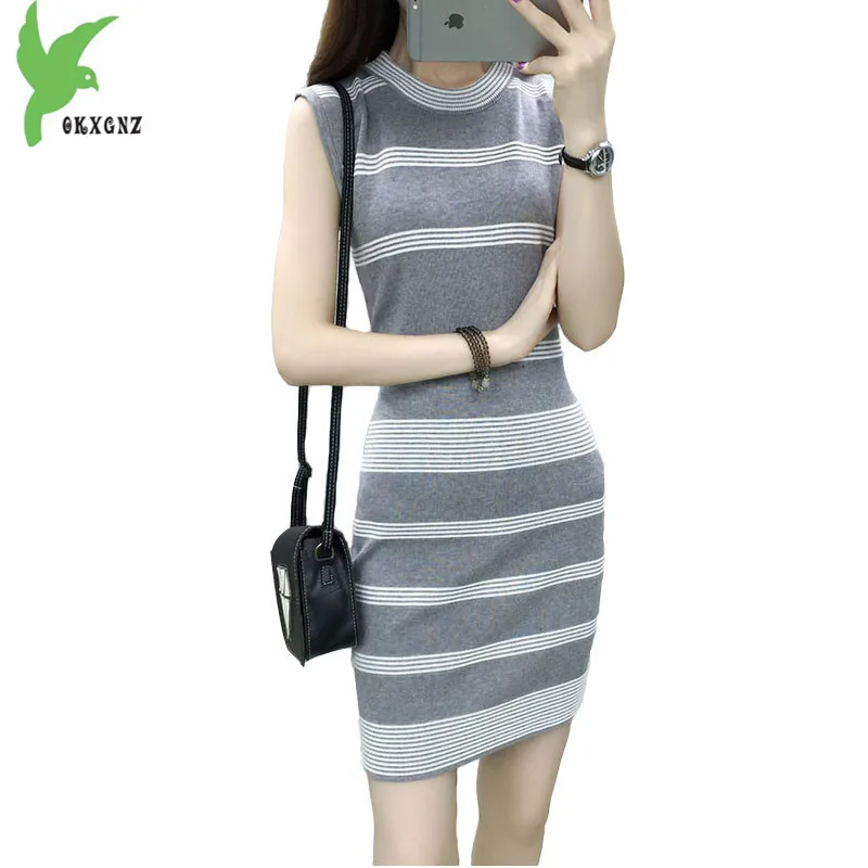 

Knit Dress Womens 2018 Spring Summer Fashion Stripe Sleeveless Vest Dress Slim Female Sexy Package hip Mini Dresses OKXGNZ 1905