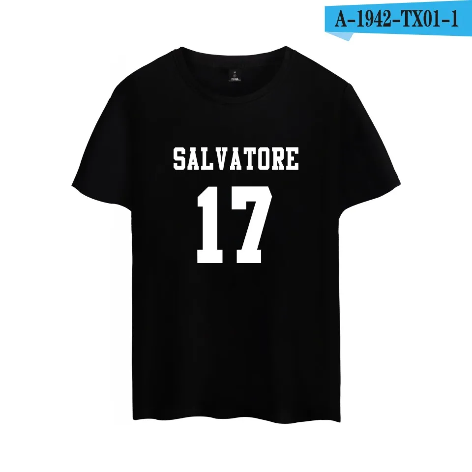 Salvatore 17 вампира Дневники Мистик Фоллс Тимбервулвз футболка принтом Salvatore модные Костюмы Горячие Летняя распродажа одежда хлопок - Цвет: Black