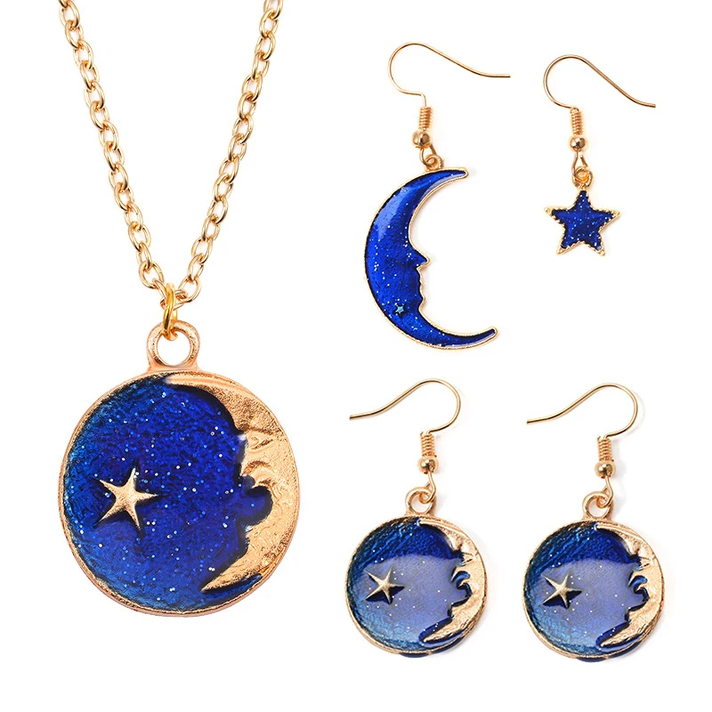 

Newest Design Blue Romantic Starry Sky Star Moon Cute Earring Necklace For Women Girl Korean Style Asymmetry Earring Female Gift