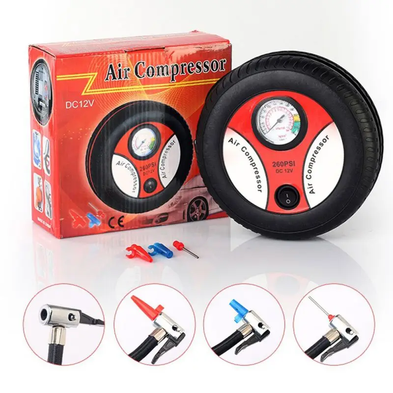 Car Mini Inflatable Pump DC12V Portable Anti-slip Metal Electric Air Compressor Monitor Pump with 3 Nozzle Adapters