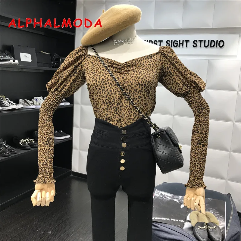 ALPHALMODA Леопардовый с длинными рукавами короткая блузка 2019 Весна Новый Ретро морщин пузырь рукавом для женщин тонкий укороченный