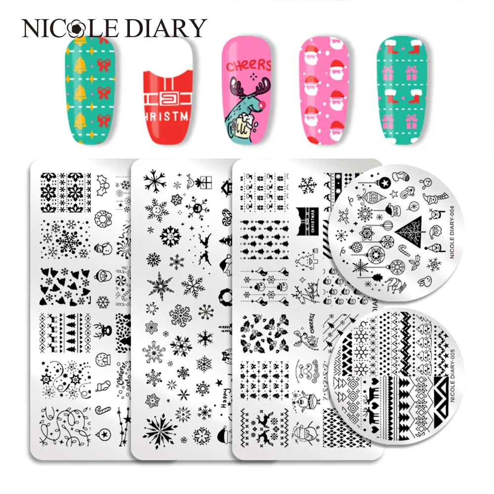 

NICOLE DIARY Christmas Nail Stamping Plate Rectangle Round Overprint Series Nail Stamp Image Template Manicure Stencil Nail Tool