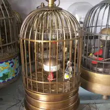 Изысканная интересная китайская латунная клетка машина часы с птицей внутри