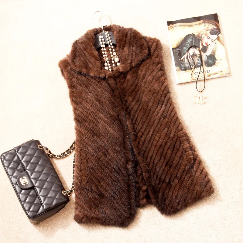 2016 Autumn Winter Women s Real Genuine Knitted Mink Fur Waistcoat Turn down Collar Women Fur