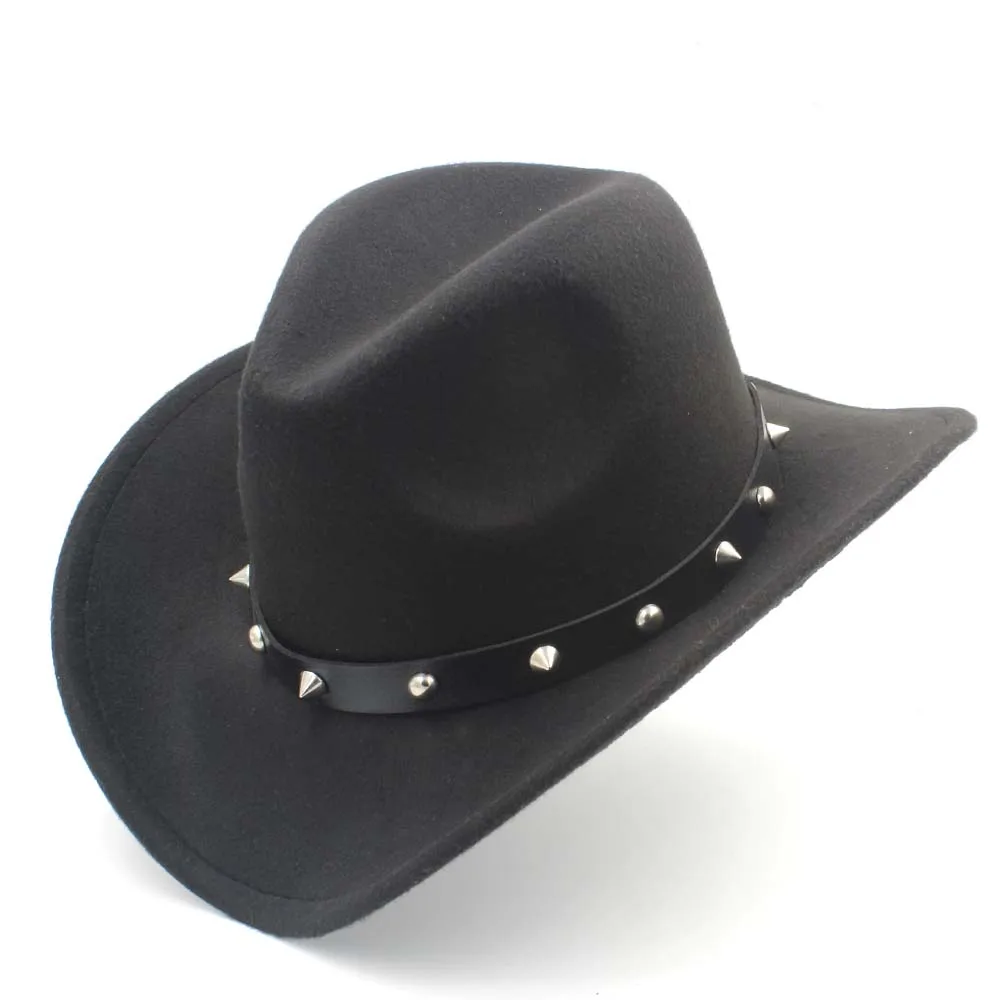 

Women's Wool Felt Western Cowboy Hat With Roll-up Wide Brim Gentleman Lady Jazz Cowgirl Punk Rivet Belt Sombrero Caps C18