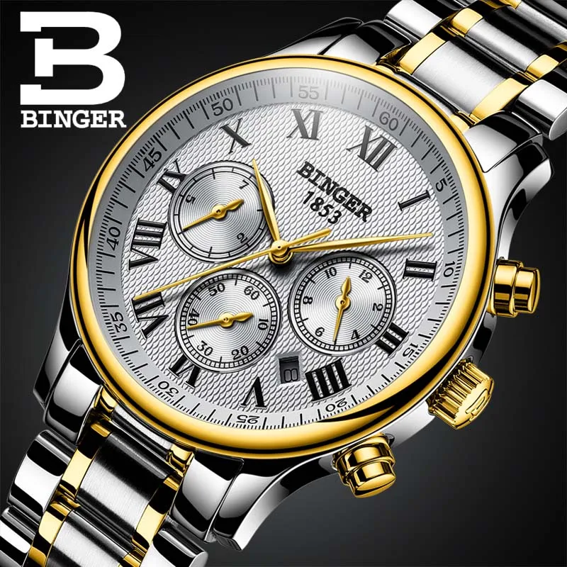 Watches Men Luxury Brand BINGER Automatic Mechanical Watch Waterproof Calendar Leather Wristwatch relogio masculino - Цвет: 13