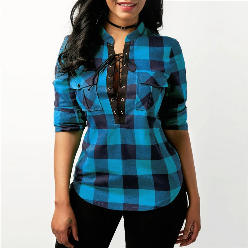 

Women Plaid Shirts 2018 Spring Long Sleeve Blouses Shirt Office Lady Cotton Lace up Shirt Tunic Casual Tops Plus Size Blusas