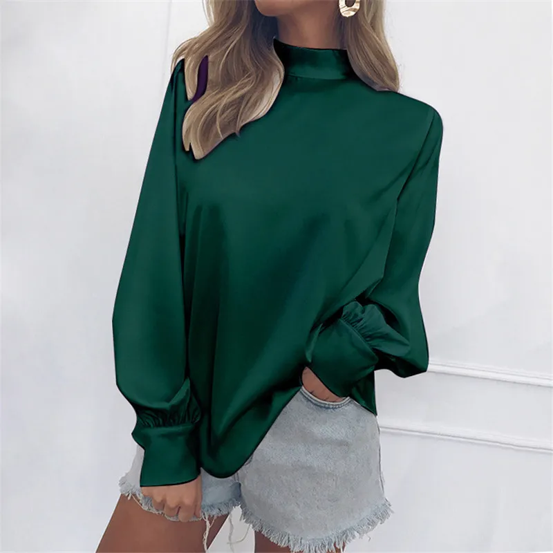 Женские блузки, модная блузка с длинными рукавами и пышными рукавами, однотонная элегантная белая Офисная Женская рубашка, повседневные топы, шифоновые блузы - Цвет: Green