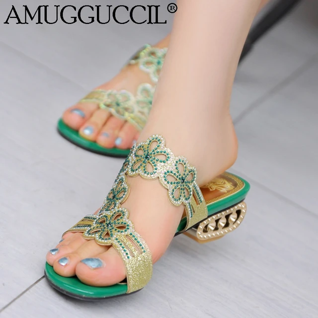 High Quality! Plus Big Size 32-43 Green Apricot Blue Rhinestone Fashion Girls Female Lady Women Summer Sandals Slippers L339