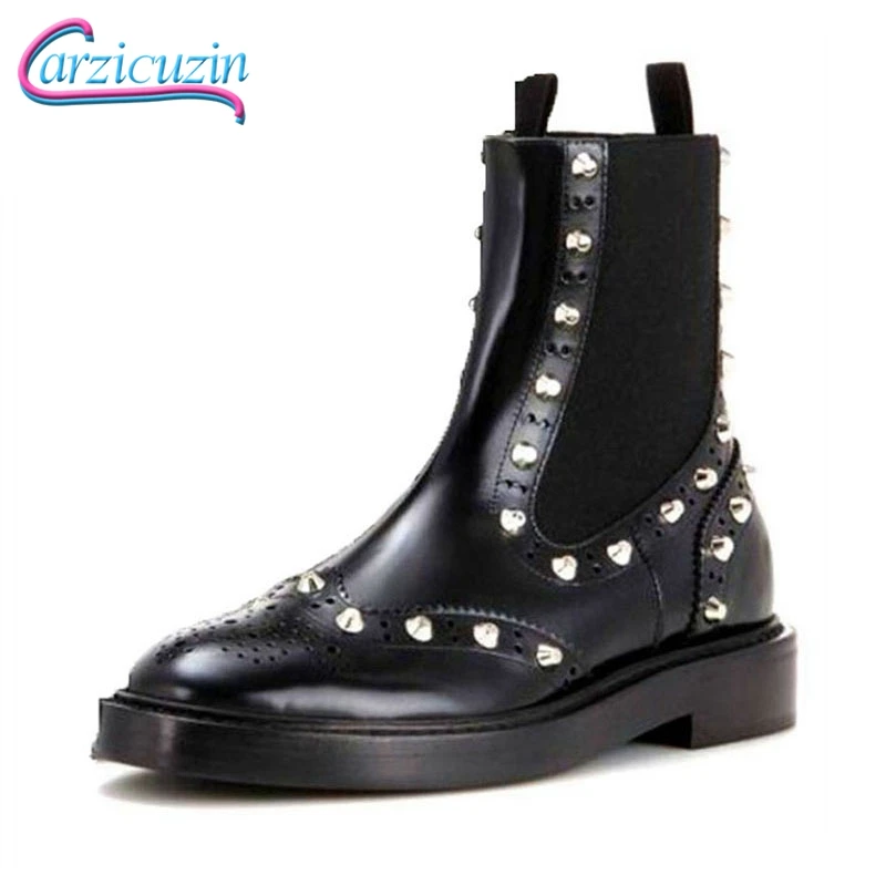 

Carzicuzin Genuine Leather Women Boots Rivets Motorcycle Ankle Boots Flats Winter Shoes Women Warm Short Footwear Size 33-40