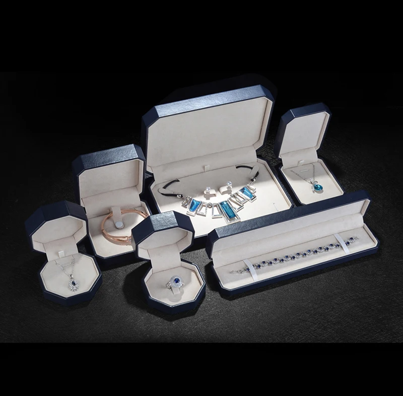 Kopen Mazarine blauwe ring box voor sieraden opslag earing hanger pakket sieraden set dozen verpakking display leer fluwelen vrouwen gift