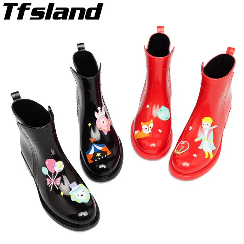 Tfsland/Женская водонепроницаемая обувь с граффити; непромокаемые ботильоны из пвх; женские резиновые сапоги с героями мультфильмов; прогулочная обувь на плоской подошве; женские кроссовки