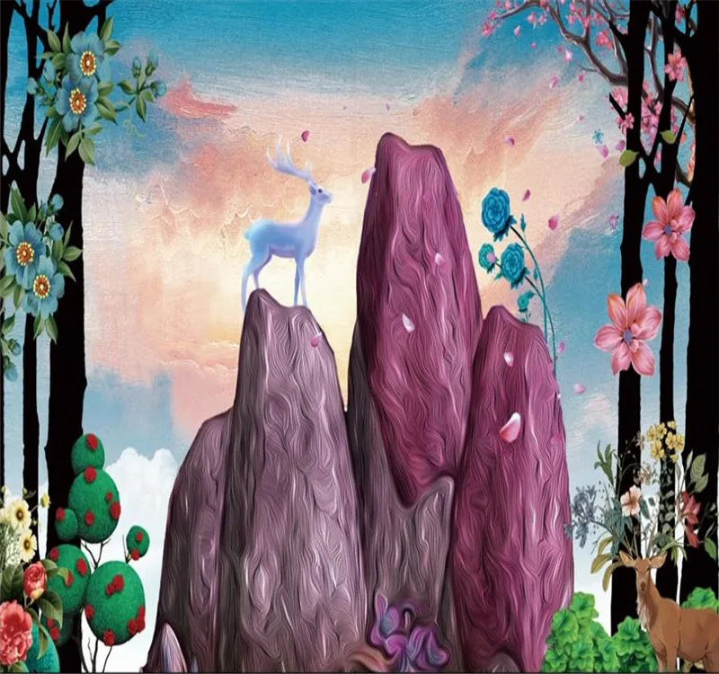 Custom wallpaper creative hand-painted illustration fortune with deer background wallpaper mural decorative waterproof material Custom wallpaper creative hand-painted illustration fortune with deer background wallpaper mural decorative waterproof material