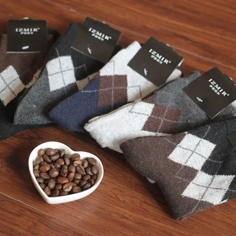 Diamond Men Socks Rabbit Wool Thick Warm Male Socks Geometry Pattern High Quality Male Casual Middle Sock Autumn Winter Clothing