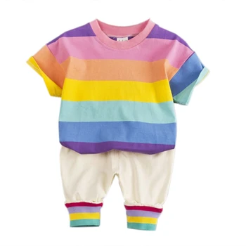 

Summer Children Baby Boys Girls Casual Short Sleeve Rainbow Print T-shirt Tops+Shorts Suits Costume Set