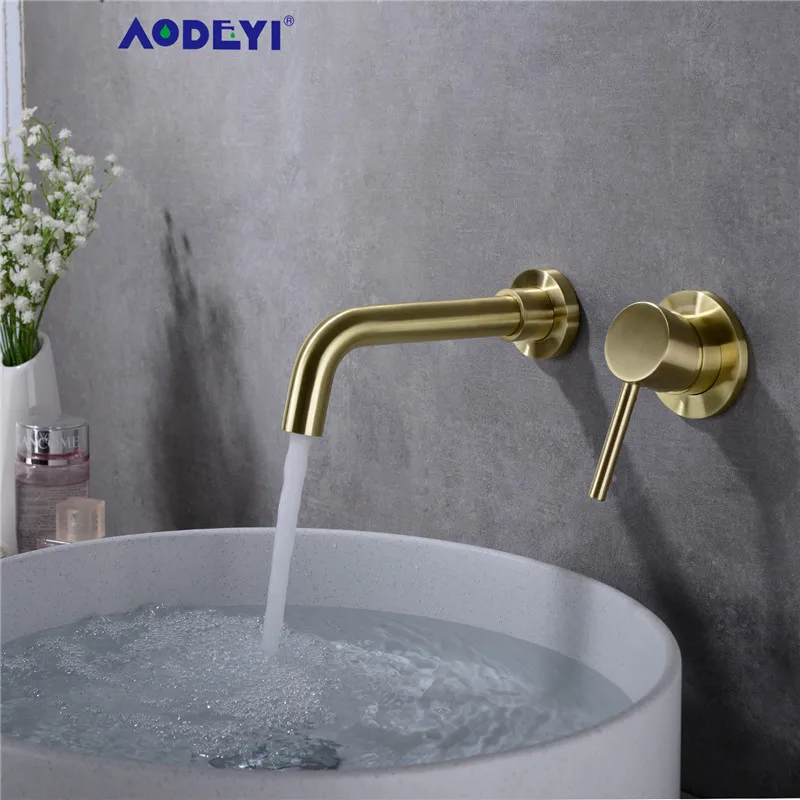 Billige AODEYI Matte Messing Wand Montiert Becken Wasserhahn Einzigen Handgriff Bad Mischbatterie Heißer Kalten Waschbecken Wasserhahn Rotation Auslauf Poliertes Gold