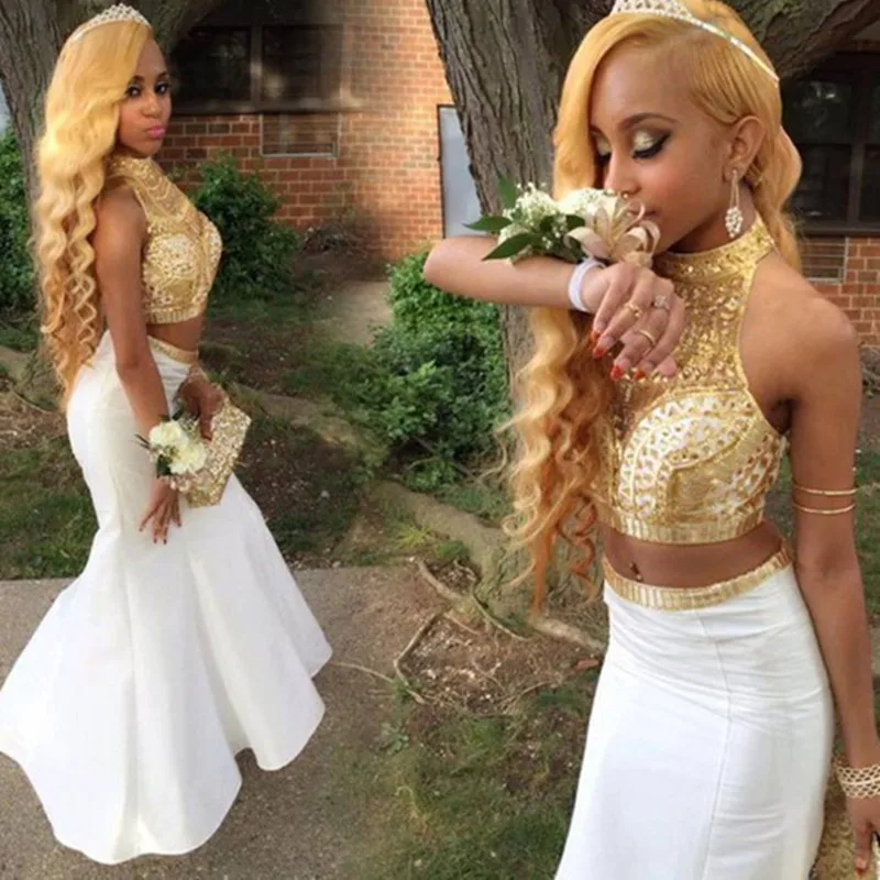 Sexy Blanc et Or De Luxe Strass Sirène Deux 2 Pièce Prom Party Dress Pour L'obtention Du Diplôme 2017 Ballkleider Longue Junior Robes