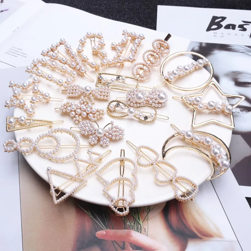 Hair Clip 1Pc Fashion Crystal Rhinestones Hairpin Star Triangle Round Shape Women Hair Clips Pearl Barrettes Styling Accessories Jewelry Accessories Hair Accessory Pearl Hairpins