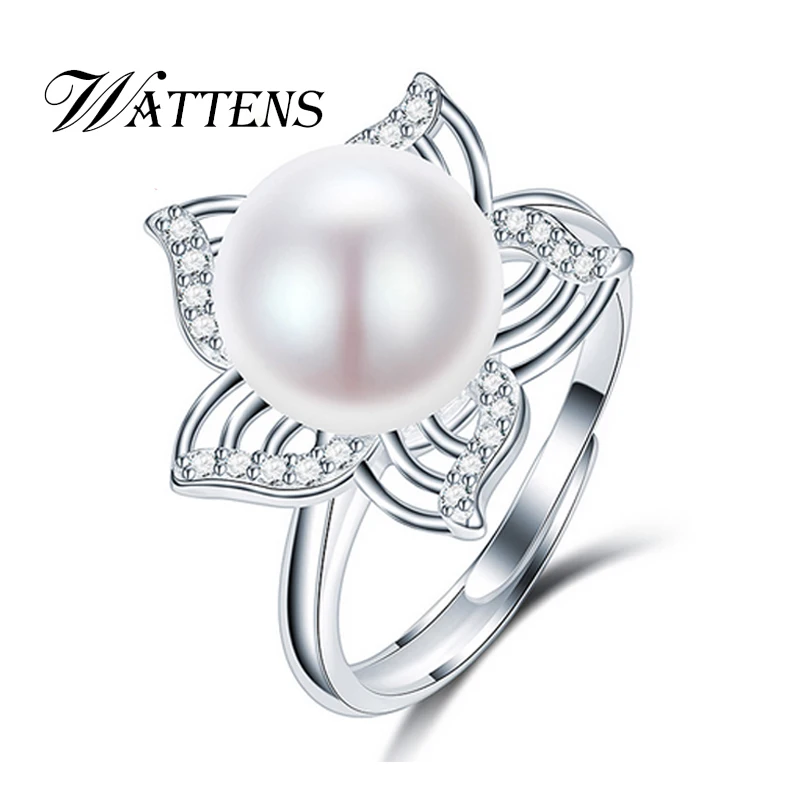 

WATTENS Engagement Flower Pearl Rings With Beauty AAAA Natural Pearl, 925 sterling silver Adjustable Women Rings For love Gift