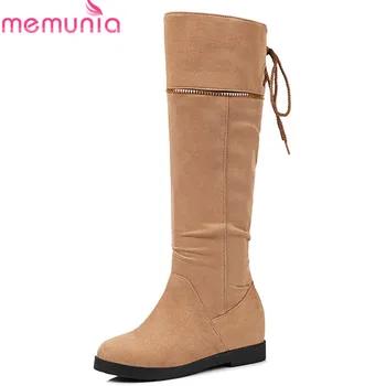 

MEMUNIA 2020 hot sale knee high boots solid colors autumn winter boots lace up simple flock round toe ladies boots casual shoes