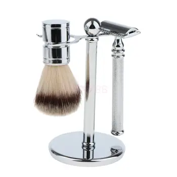 

Barber Men Shaving Brush & Stand Holder Rack & Double Edge Safety Shaver Mustache Beard Hair Removal Facial Grooming Tools