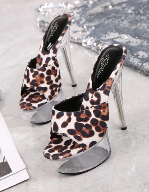 Shoes Woman New Platform Slippers Transparent Crystal Leopard High Heels 15cm Waterproof Shoes Big Size Female Slippers - Цвет: Бежевый