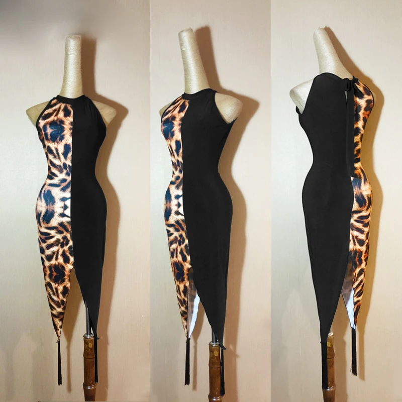 

2019 New Style YSWEYOMIC Latin dance Costume Women Dance Clothes leopard Black Sleeveless Training Latin American Dance Dresses