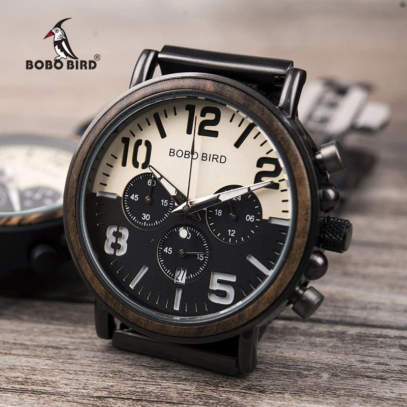 Wooden Watches Men Unique Dial Stopwatch BOBO BIRD Wristwatch Stainless steel With Date Create clock Gift In Wood Box saat erkek