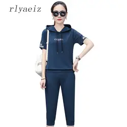 Rlyaeiz корейский модный спортивный костюм женский комплект из 2 предметов 2018 Лето Повседневные полосатые Свободные толстовки + укороченные