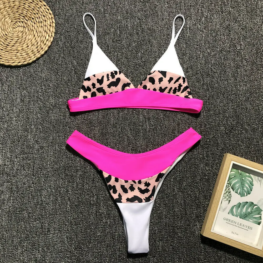 

2019 Summer Womens Sexy Leopard Patchwork Bikini Set Push Up Padded Bra Ladies Beach Swimwear Swimsuit Bathing Suits Beachwear