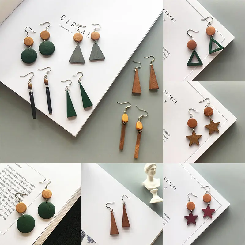 

Long Girls Star Women Drop Earrings Wood Geometric Simple Wedding Retro Party Unique Tassel 1Pair Beautiful Seaside 17 Colors